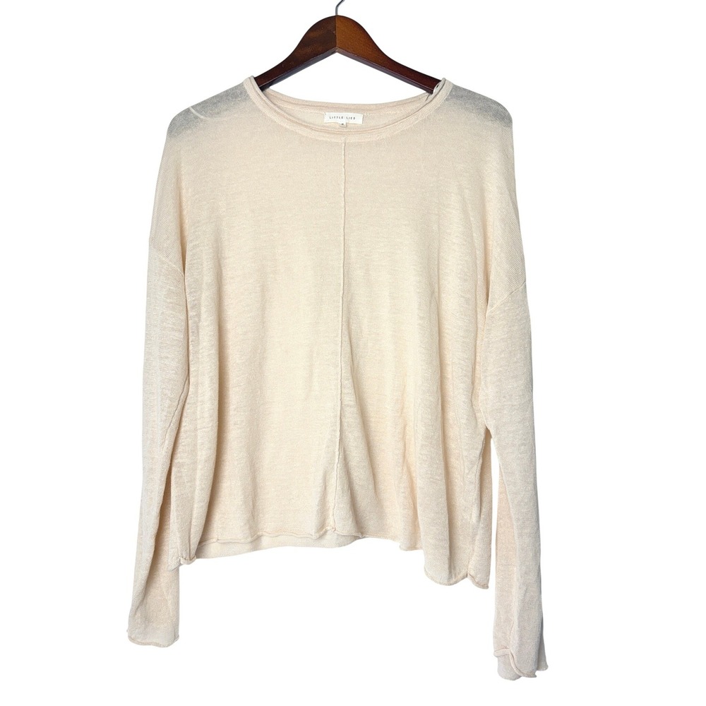 Jipsi Little Lies Linen Medium Beige Boxy Long Sleeve Seam Top Slouchy